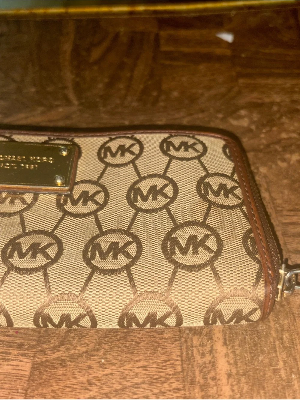 Michael Kors Tan and Brown MK Signature Zip Wallet with Gold Plate